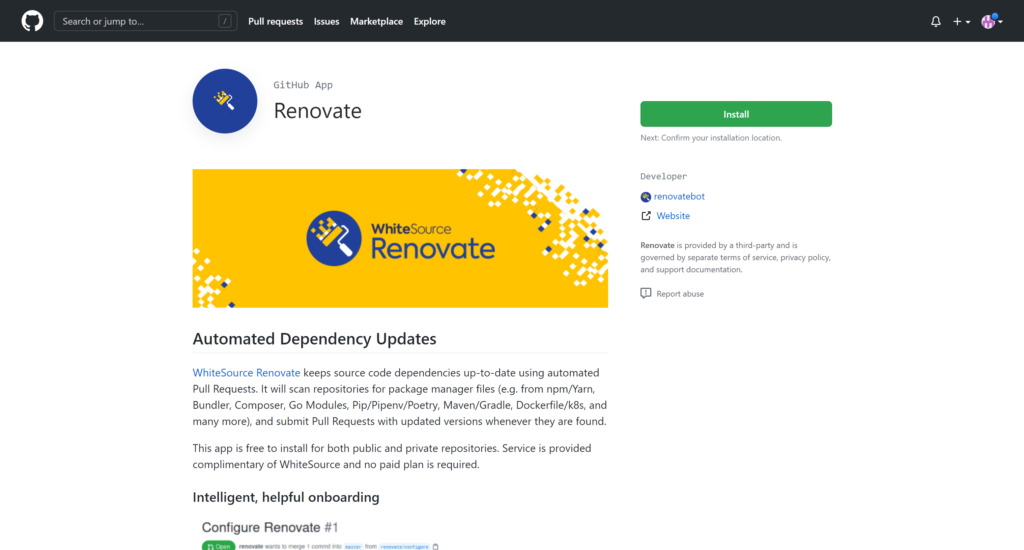Renovate GitHub app page screenshot