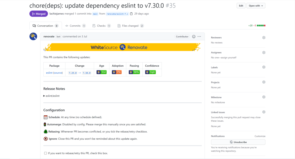 Renovate example pull request screenshot