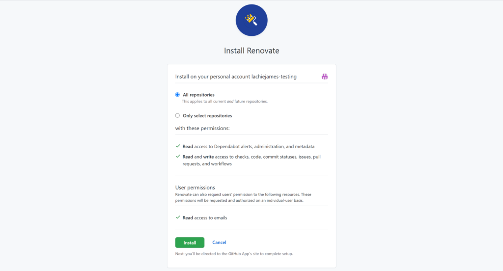 Renovate permissions screenshot